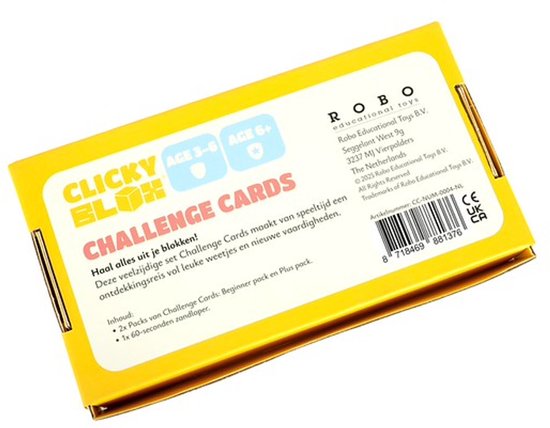 Gele doos met de tekst "Clicky Blox Challenge Cards" en informatie over het product.
