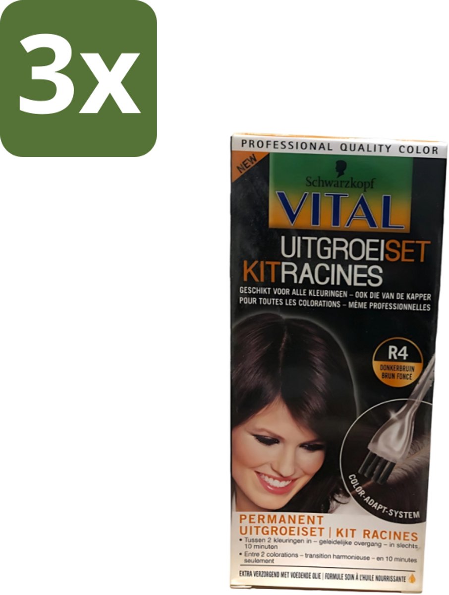 3 x Schwarzkopf Vital - Haarverf - Uitgroeiset - R4 Donkerbruin - 60 ml - Haarverf - Uitgroeiset - Haarkleur - Donkerbruin - Haarverfening