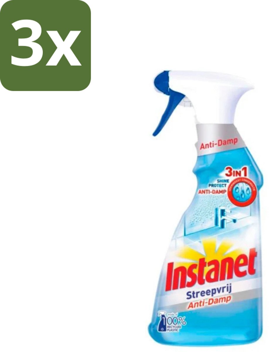3 x Instanet - Schoonmaakspray - Anti-Damp - Streepvrij - 3in1 - 500 ml - Schoonmaak Spray - Anti-damp - Streepvrij - Ramen Reinigen - Glanzend Resultaat