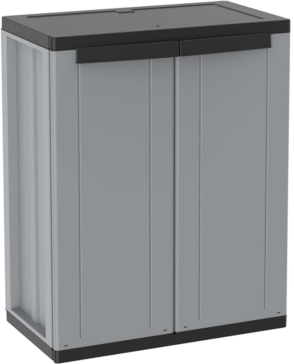 Klarven® Tuinkast Kunststof Grijs/Zwart - Weerbestendig en Onderhoudsvriendelijk - Praktische Opbergruimte voor Tuin en Garage - B 38 x D 14,8 x H 85 cm