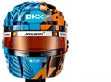 LEGO McLaren helm met oranje vizier, blauwe en oranje patronen, 'Dropbox' en 'Quad Lock' logo's.