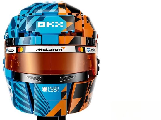 LEGO McLaren helm met oranje vizier, blauwe en oranje patronen, 'Dropbox' en 'Quad Lock' logo's.