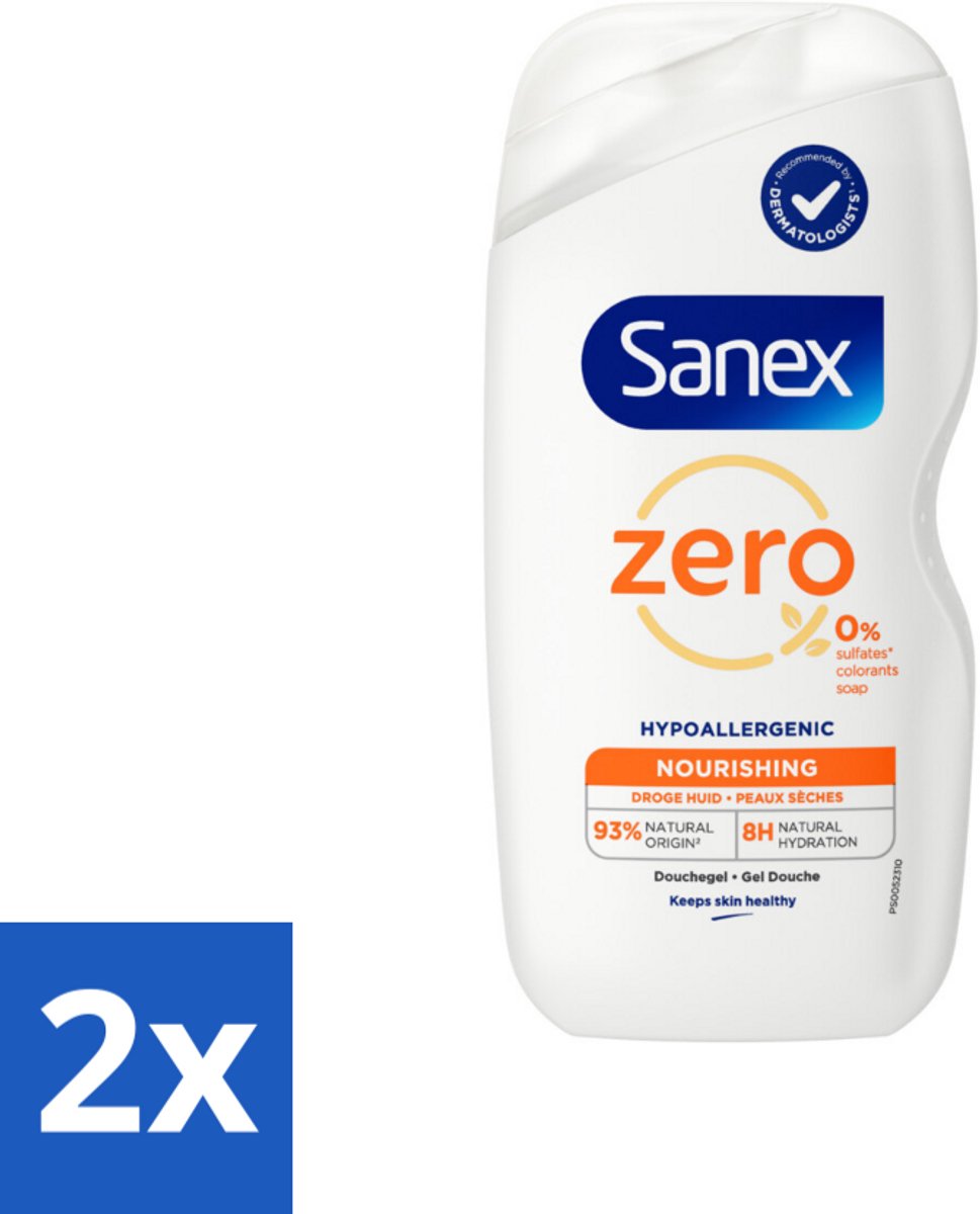 2 x Sanex Zero% - Douchegel - Verzorgend - Natuurlijke Ingrediënten - Droge Huid - 400 ml - Douchegel - Sanex - Natuurlijke Ingrediënten - Droge Huid - Verzorgend