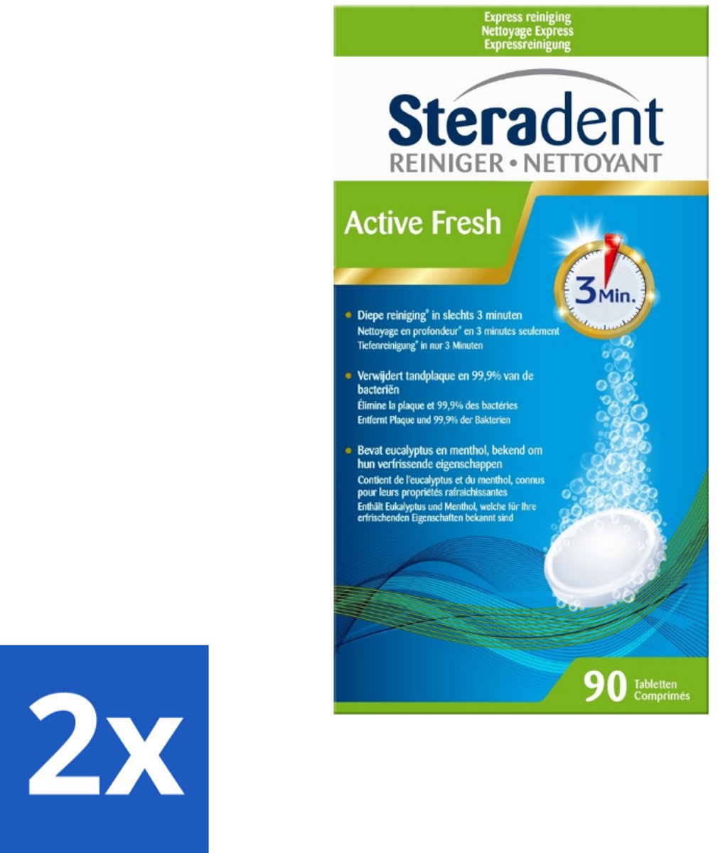 2 x Steradent - Kunstgebitreiniger - Active Fresh - Menthol En Eucalyptus - 90 Tabletten - Kunstgebit Reiniging - Kunstgebit Tabletten - Geurvrij Kunstgebit - Frisse Geur Kunstgebit - Tandplak Verwijderen Kunstgebit