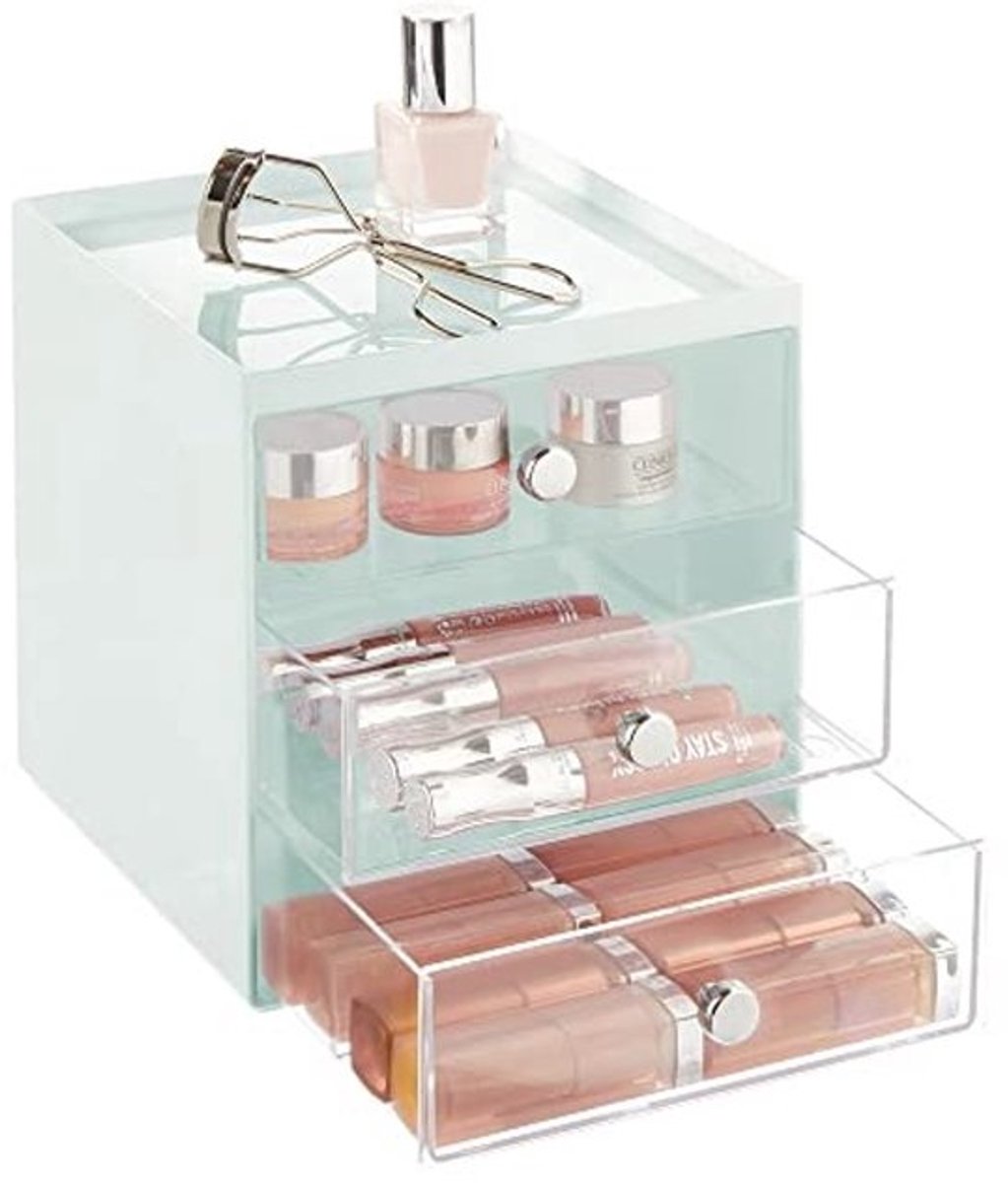 Makeup Organizer met 3 lades - Cosmetica Organizer voor Paletten en Borstels - Mintgroen/Transparant