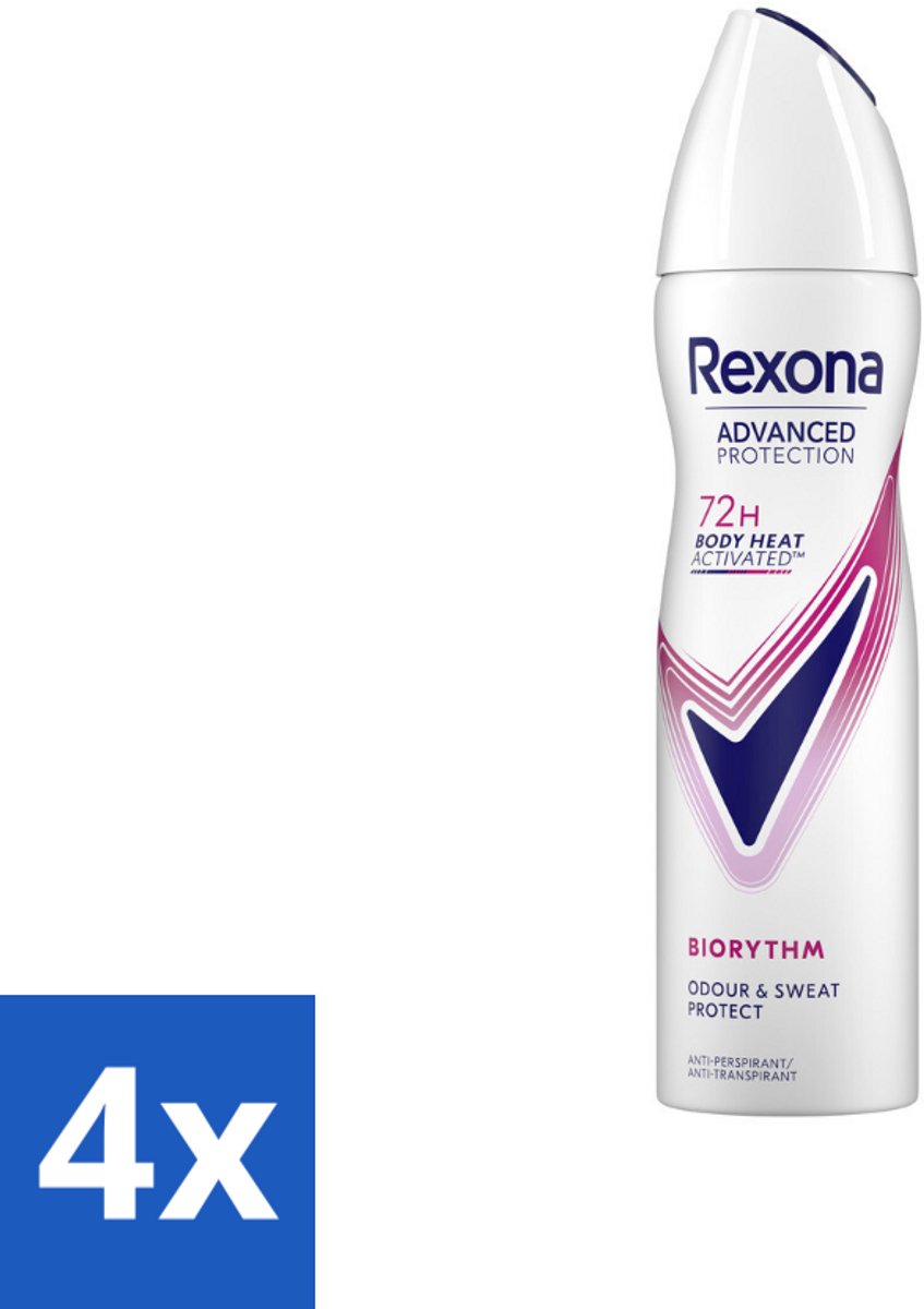 4 x Rexona - Deodorant Spray - Advanced Protection - Biorythm - Anti-Transpirant & Perspirant - 150ml - 72 Uur Bescherming - Anti-transpirant - Deodorant - Rexona - Biorythm