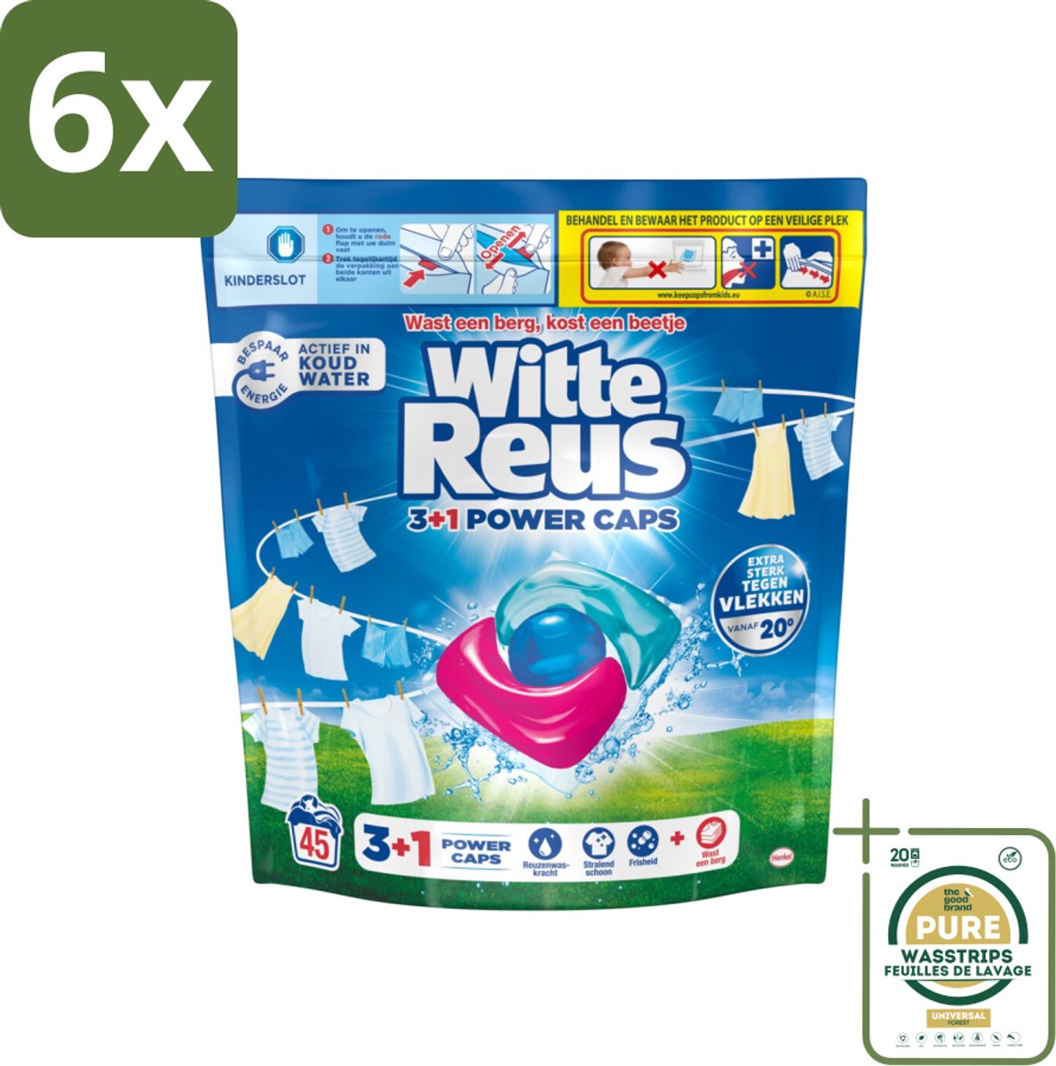 Witte Reus - 3+1 Power Caps - Witte Was - 45 Wasbeurten - Voordeelverpakking - 6 stuks - Wit wasgoed - Lichtgekleurd wasgoed