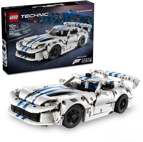 Witte LEGO Technic Dodge Viper GTS-R sportauto met blauwe strepen, naast de verpakking.