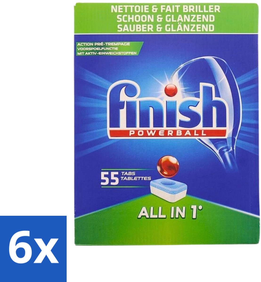 6 x Finish Powerball - All in 1 - Vaatwastabletten - Schoon & Glans - 55 Tabletten - Vaatwastabletten - Vaatwasser - Schoonmaak - Glans - Diepe Reiniging