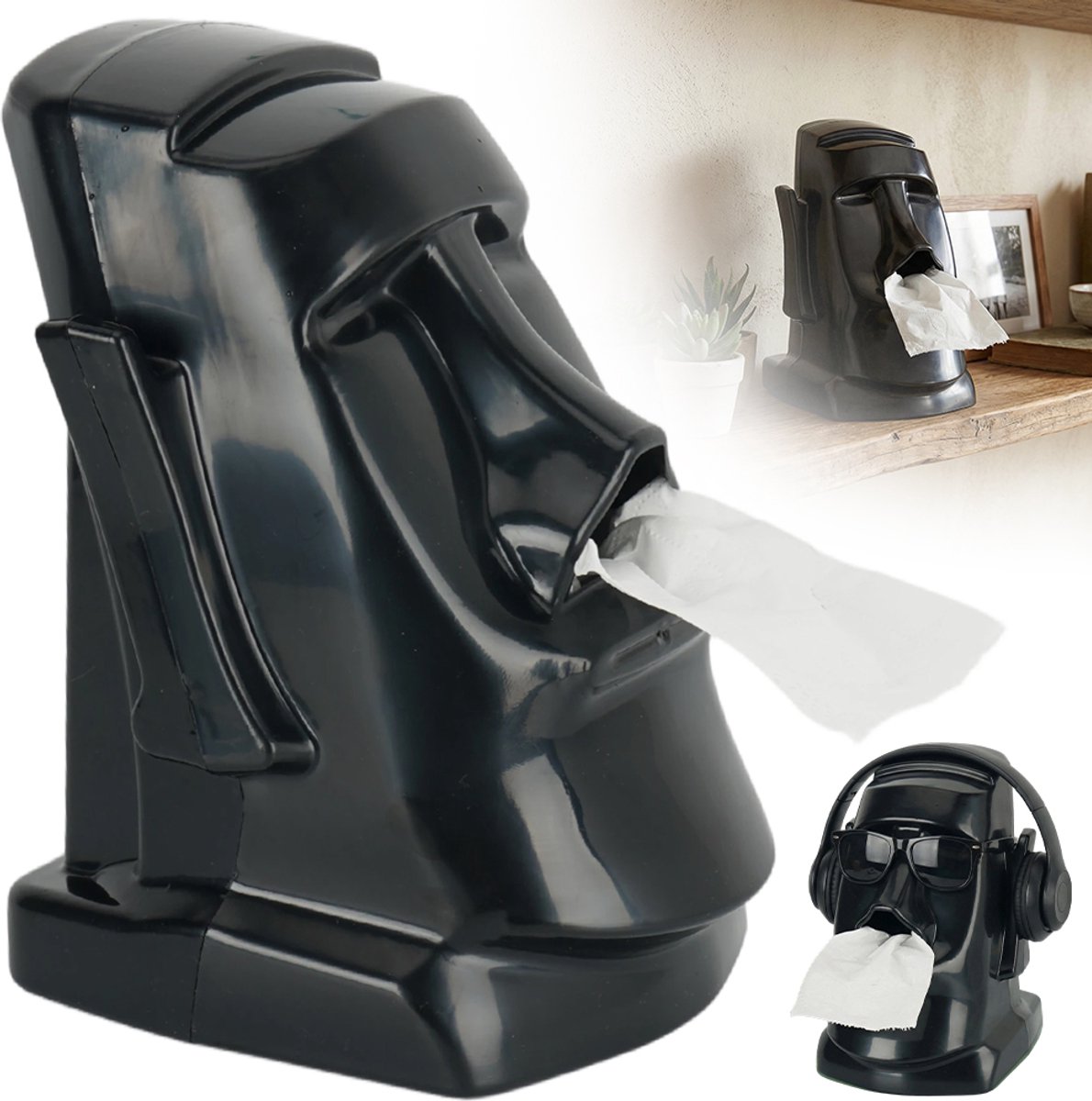 Opbergdoosje Met Stenen Beeld Van Paaseiland - Houder Voor Zonnebrillen/Koptelefoons/Hoeden Multifunctionele Organizer - Mini-Schoonmaakset Duurzaam ABS Stijlvolle Decoratie - Voor Woonkamer, Kantoor En Studentenkamer - Zwart 15x18x22cm
