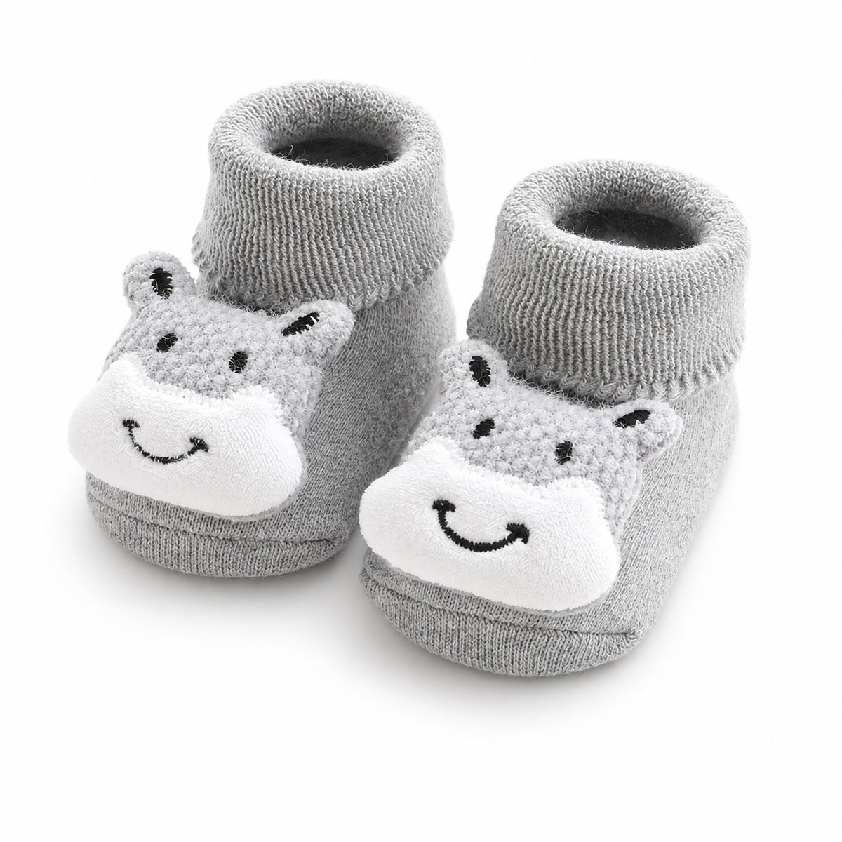 Babysokjes Grijs Nijlpaardje – Anti-Slip – 100% Katoen – 3D Design – Maat 0-6 Maanden