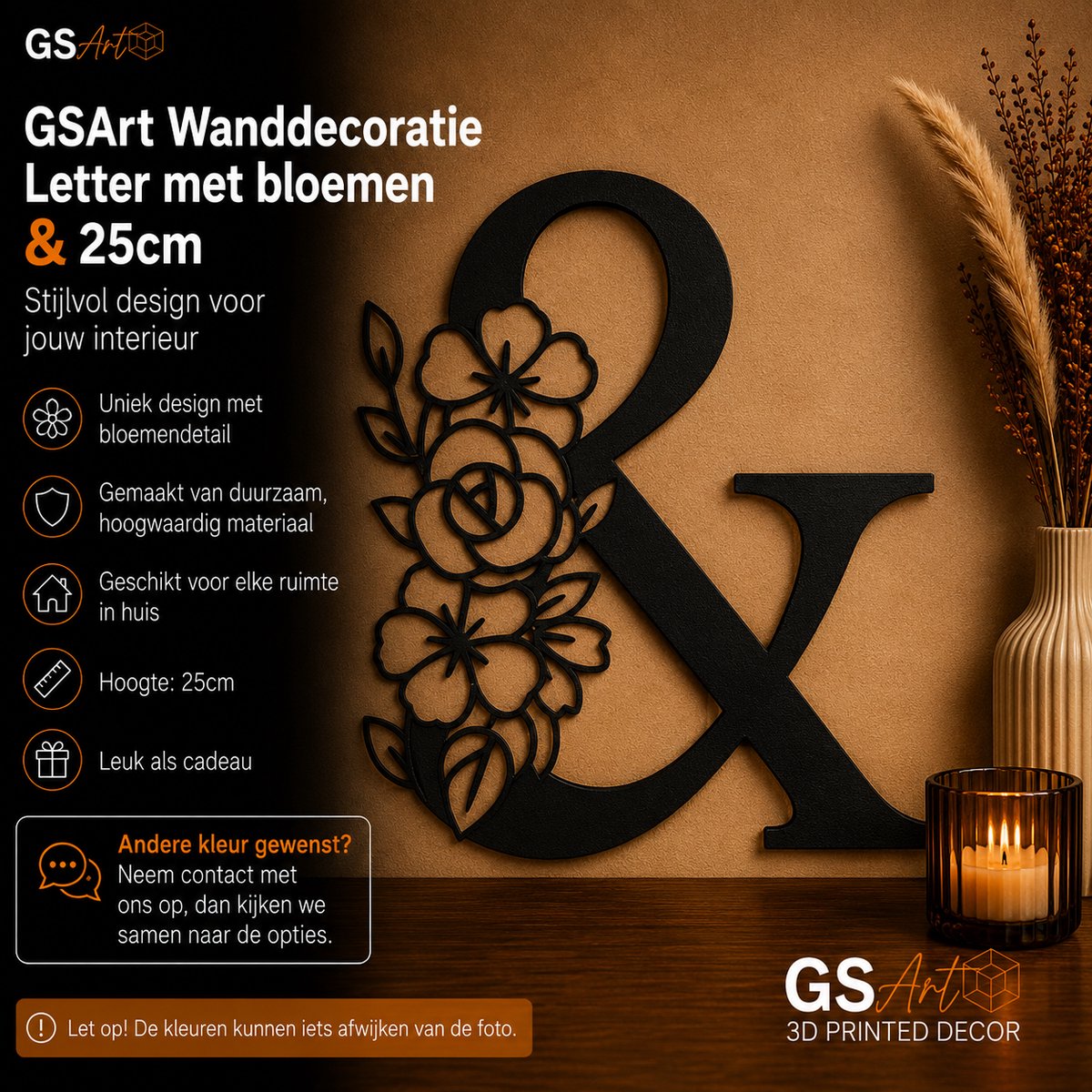 GSArt Wanddecoratie Letter met Bloemen – 25 cm - &