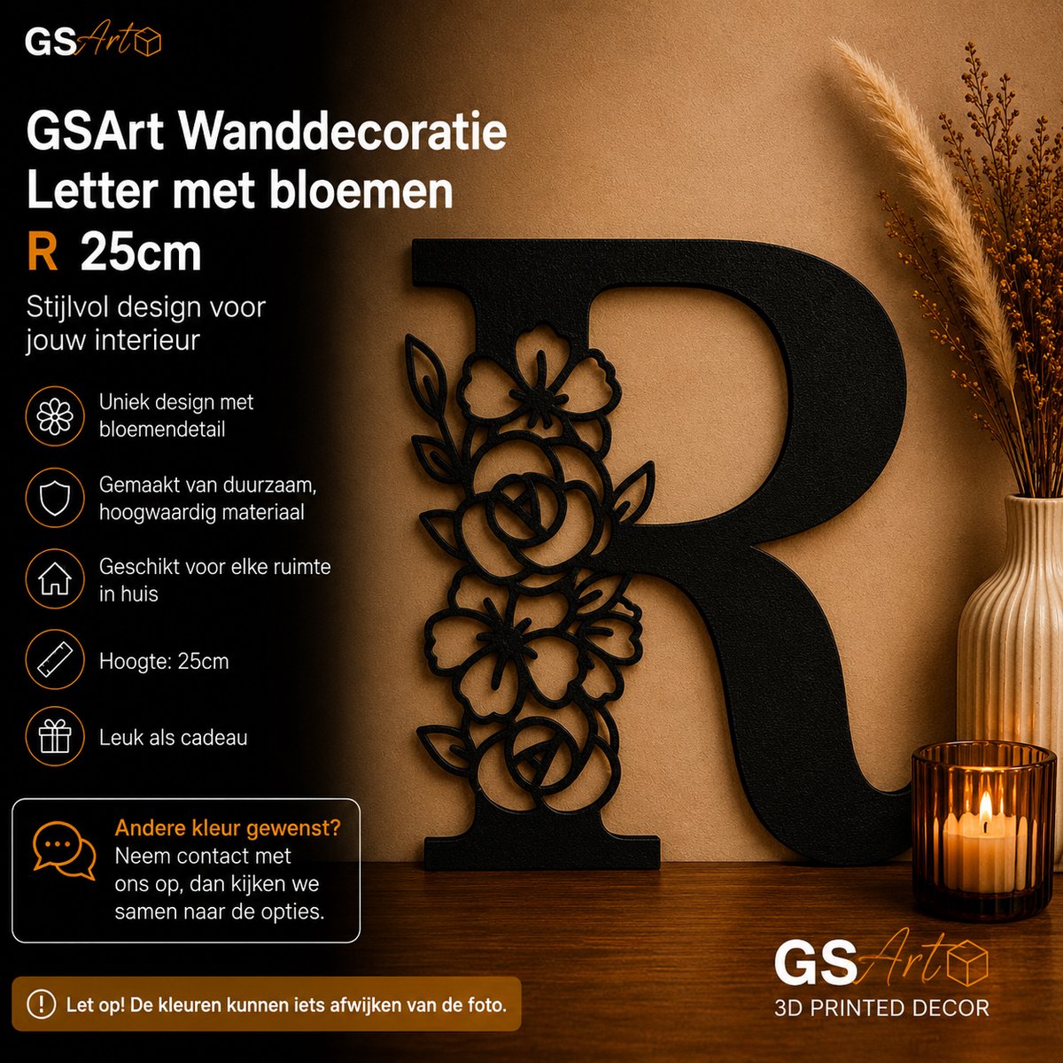 GSArt Wanddecoratie Letter met Bloemen – 25 cm - R
