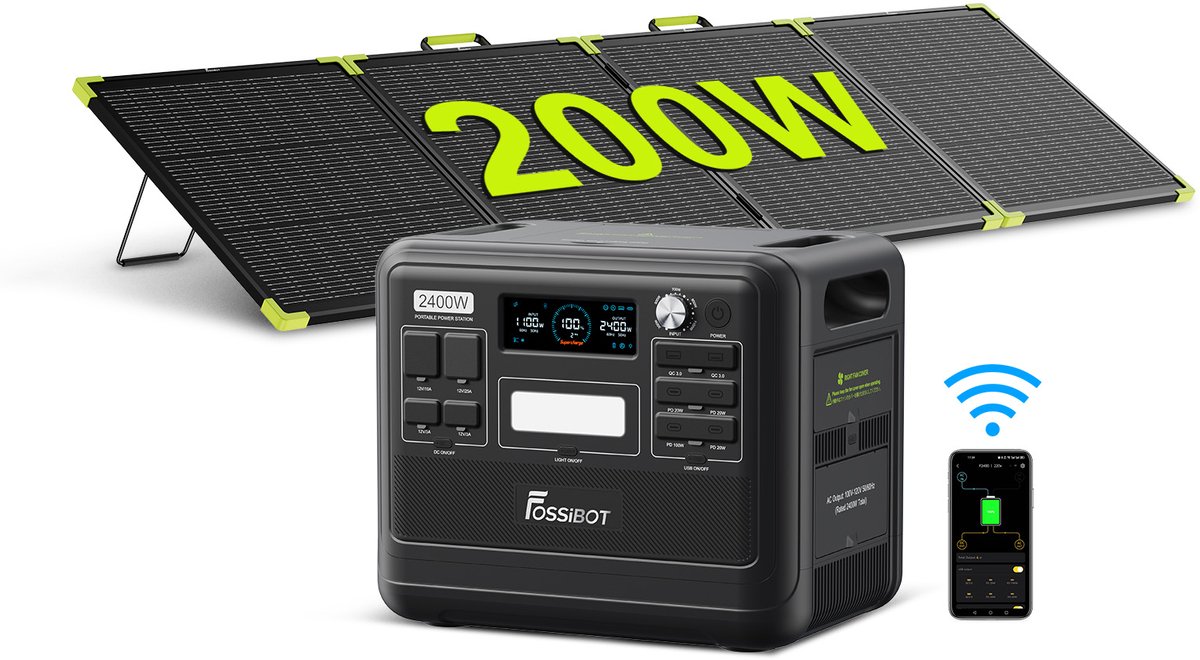 FOSSiBOT F2400 Zwart Draagbare Powerstation 2048Wh 2400W continu 4800W piek LiFePO4, incl. SP200PRO zonnepaneel | Snelladen UPS <10ms Noodstroom Camper Kamperen
