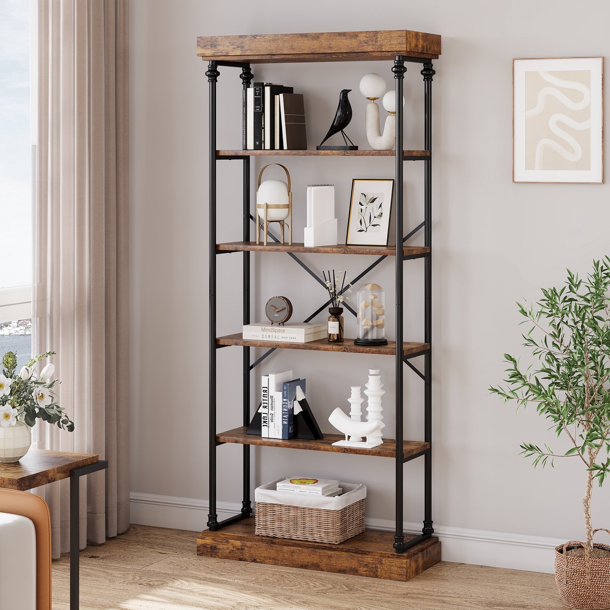 Hoge Boekenkast 6 Lagen - 80x30x187cm - Industriële Boekenkast - Open Planken - Vintage Opbergrek - Metalen Frame - Rustiek Display - Voor Woonkamer Slaapkamer Kantoor - Bruin