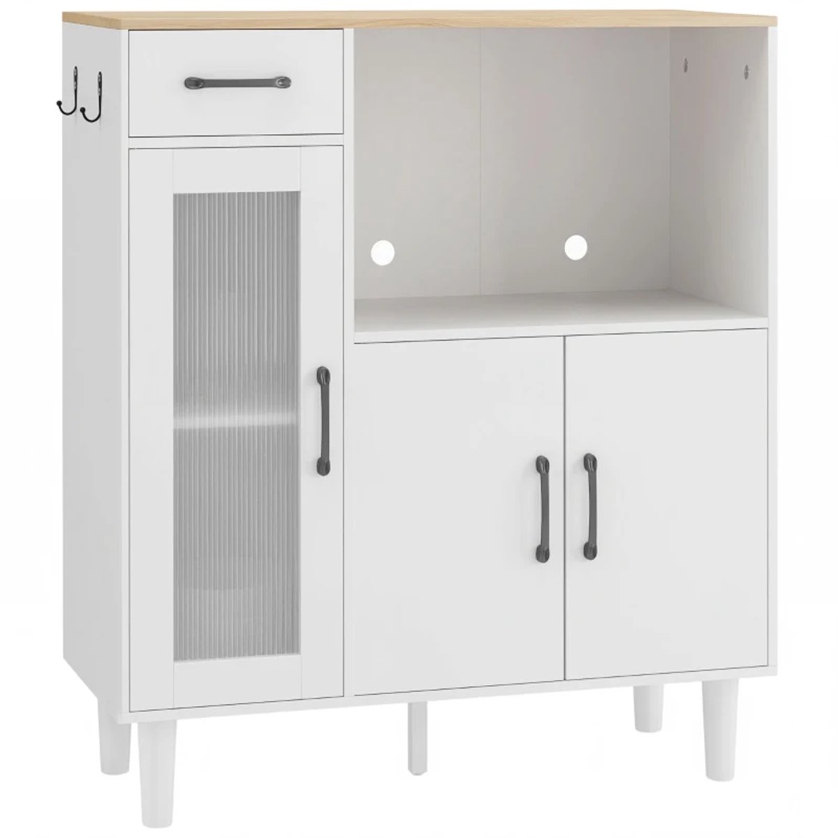 Dressoir - Keukenkast Met Lade, 2 Kasten En Open Vak - Geribbelde Acrylglasdeur - 80 x 34 x 91 cm - Wit En Eiken