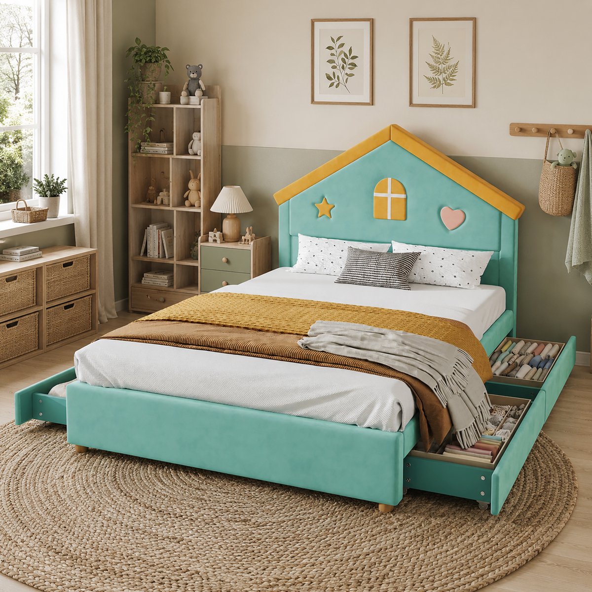 COVREO Kinderbed 140x200 cm blauwgroen stof, huisbed met 4 lades voor kinderkamer Blue+Green