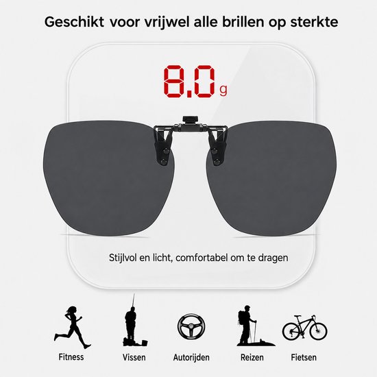 Gepolariseerde clip-on zonnebril, 8.0g, geschikt voor sterktebrillen. Ideaal voor fitness, vissen, autorijden, reizen en fietsen.