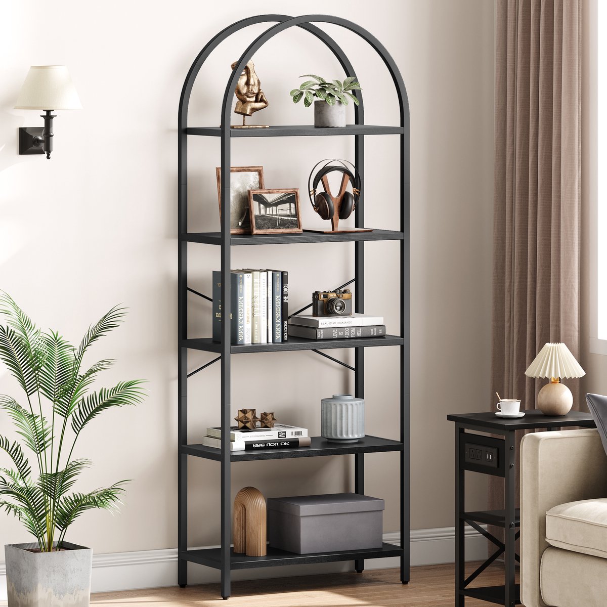 Smal Boekenkast - 60x28x180cm - Boogvormige Badkamerrek - Metalen Frame - Open Display Planken - Voor Woonkamer Slaapkamer Kantoor - Zwart