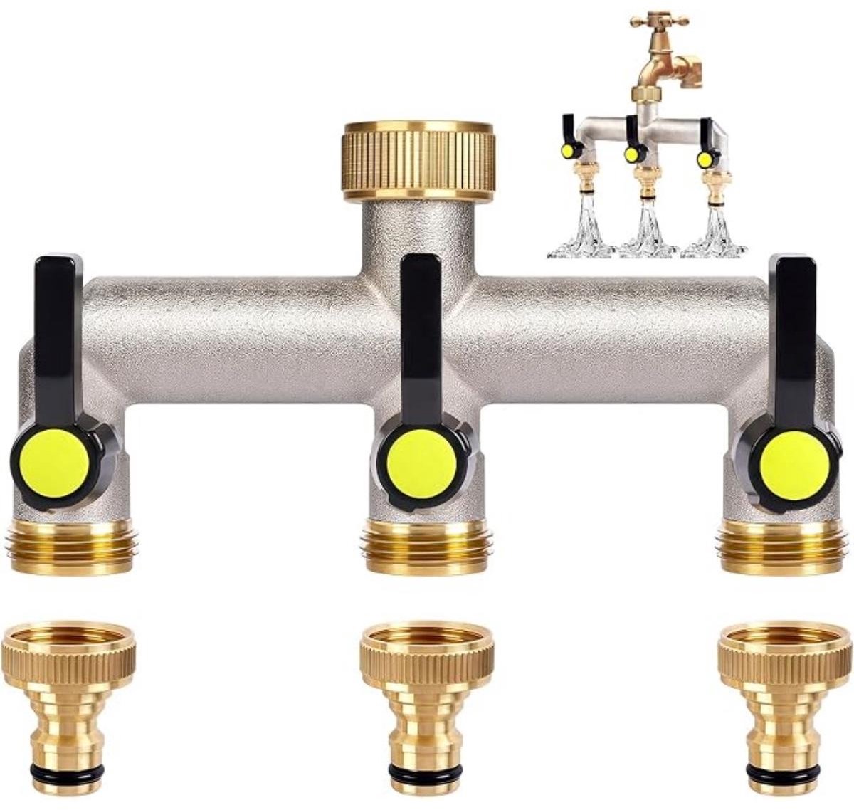 SSTRWGOOD 3-Voudige Waterverdeler - Tuinwaterverdeler - Geschikt voor G 3/4" Kraan - Massief Vernikkeld Messing - 3 Onafhankelijke Kranen - Frostbestendig tot -20°C - Afmetingen 167.5x84.8mm