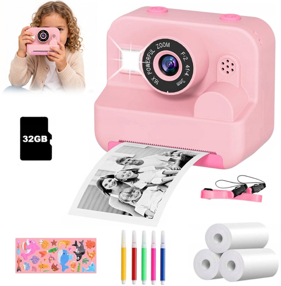 Kindercamera - Mini-instantcamera - Inclusief filmrolletje - Met thermische printer - 1080p HD-opname - USB-oplaadkabel - Ingebouwde 32 GB geheugenkaart - Multifunctionele digitale camera - Perfect cadeau voor kinderen - Roze