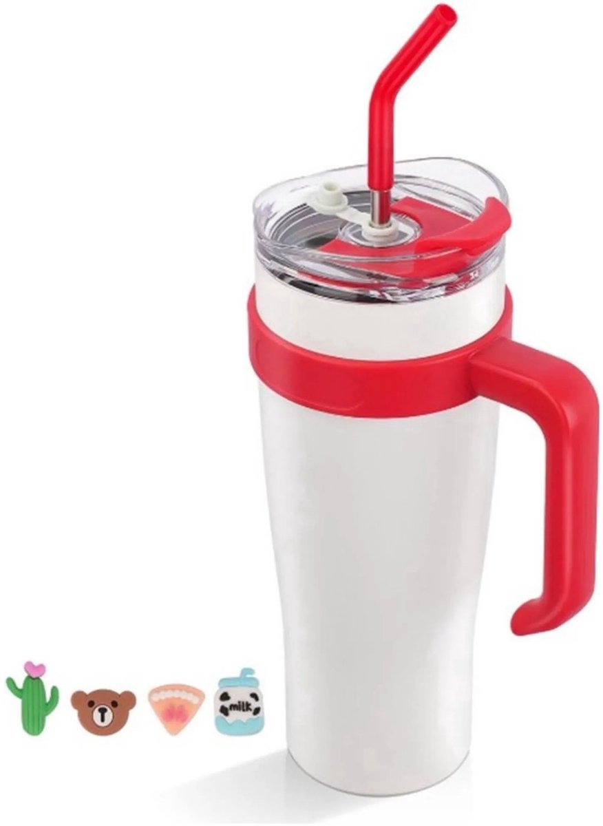 Thermosbeker 1200ml-met handvat en rietje deksel-Lekvrije reiskoffiemok-Dubbelwandige geïsoleerde beker van roestvrij staal-Auto Thermosbeker-Voor kantoor, sport, ijsdrank, warme drank-met DIY-stickers