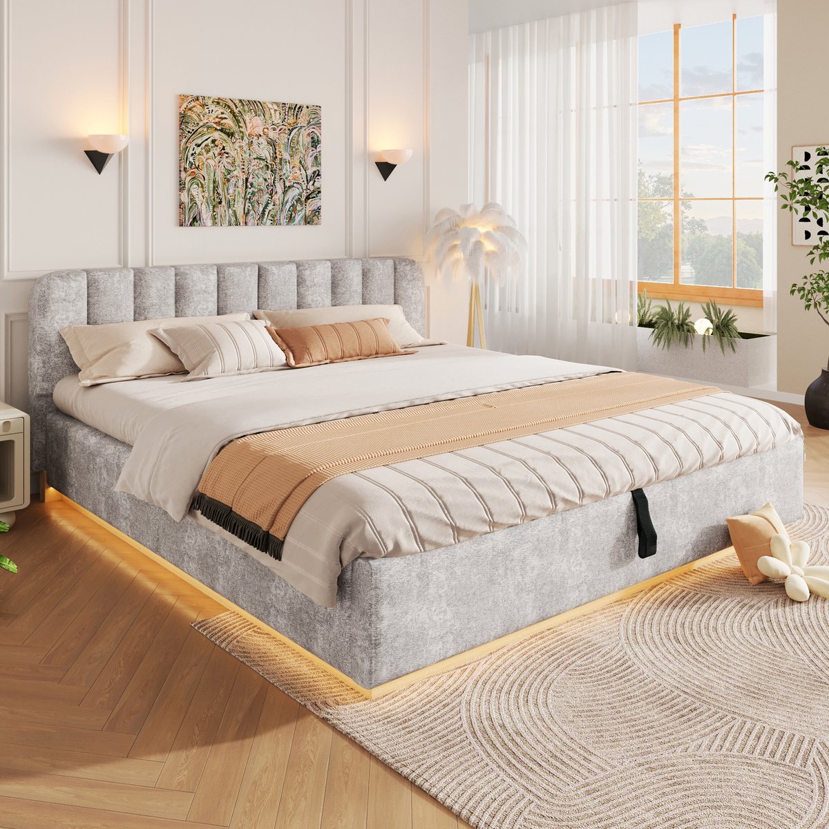 VVBV Tweepersoonsbed 180x200 cm - Hydraulische Opbergruimte, LED-Verlichting, Gepolsterd Hoofdbord, Zonder Matras - Grijs