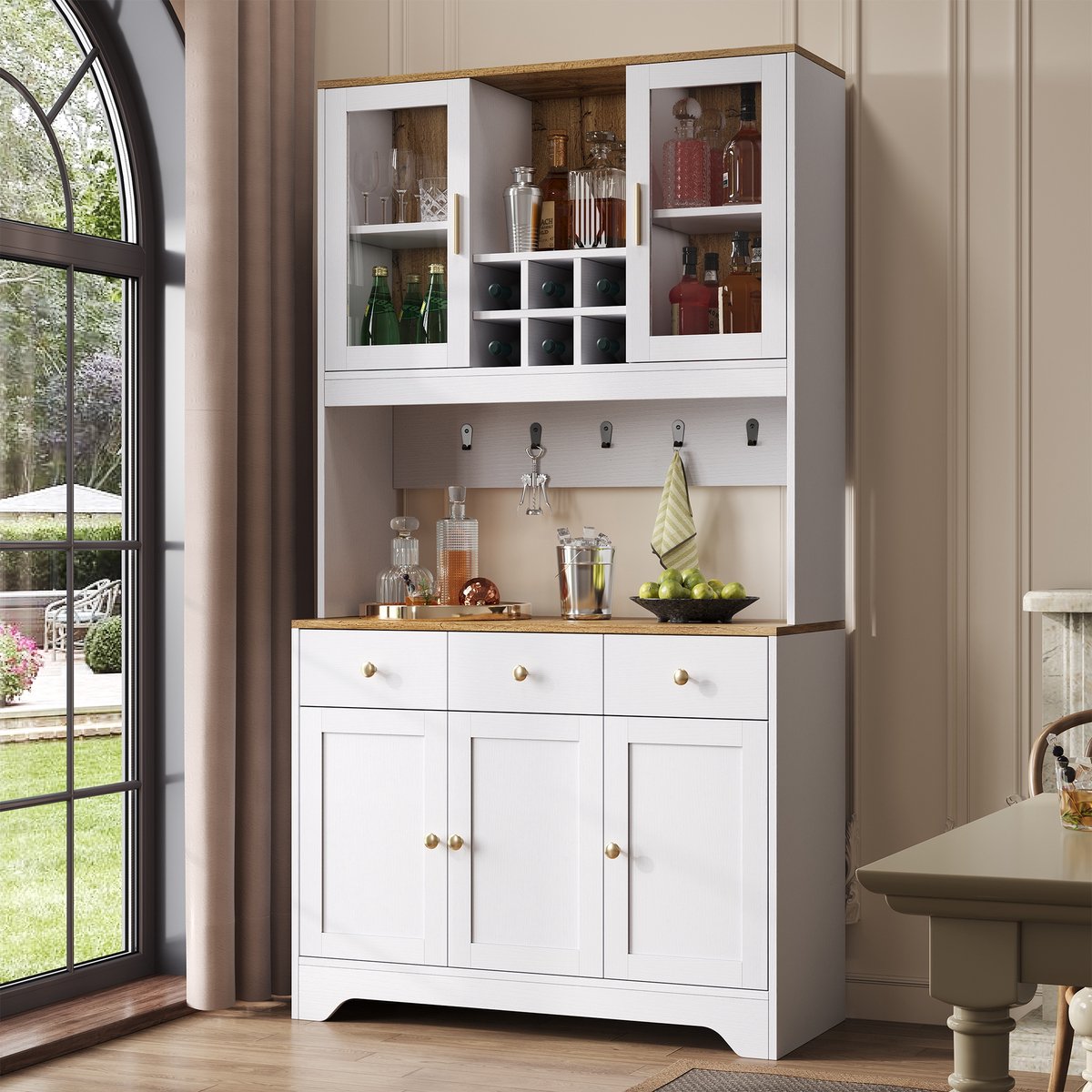 Sweiko Bakkerskast - Dressoir - Wijnkast - 3 lades - Opbergrek - Wijnrek - 5 haken - Wit
