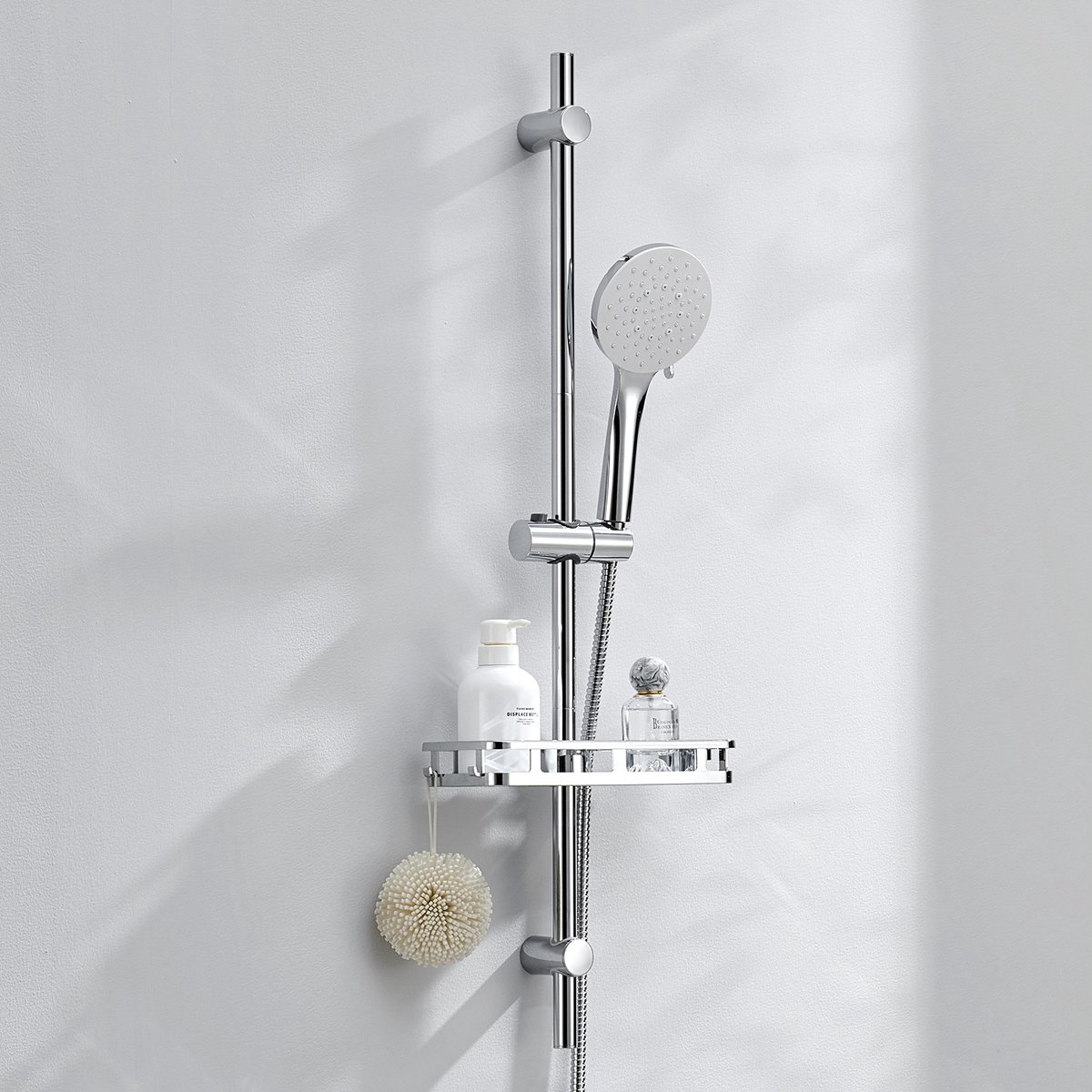 Auralum Max 50% Waterbesparende Glijstang Doucheset - 90 cm Glijstangset Met Plankje - Douchekop Ø 12 cm - Handdouche met 6 Standen - Universele Aansluiting - Chroom&Wit