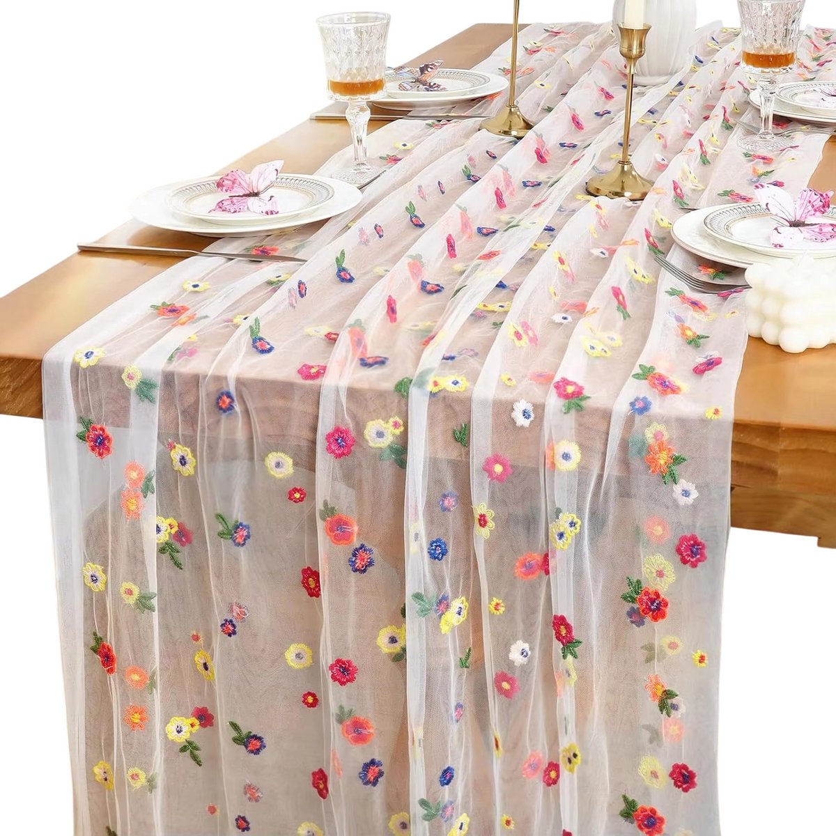 Bloemen Tafelloper Geborduurd – Kleurrijk Daisy Bloemmotief met Kant en Tulle, Decoratieve Tafelkleed Loper voor Verjaardag, Bruidsdouche & Feest - Wit - 150X500cm