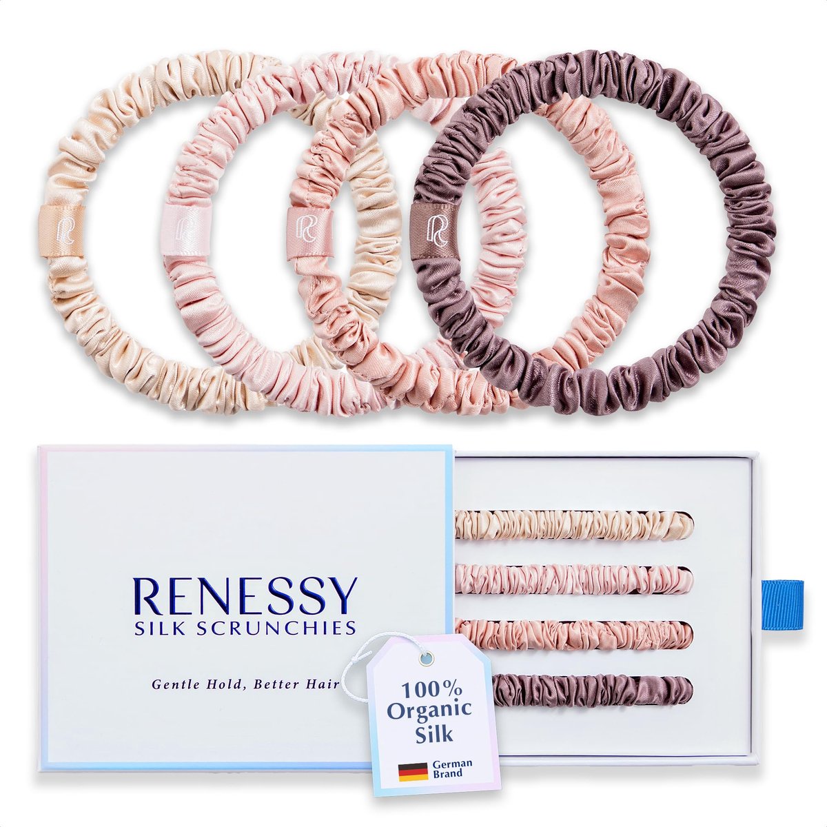 RENESSY Silk Hair Scrunchies, 100% Organic Silk, Skinny 4-Pack, 22 Momme 6A - ShopVlot