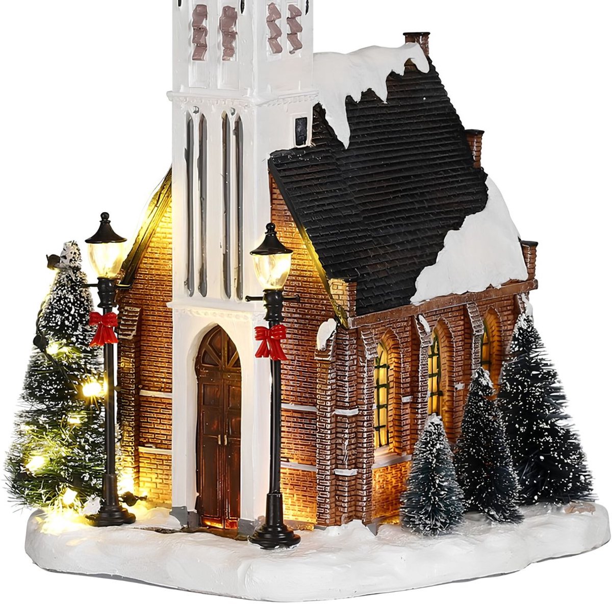 Luville Kerstdorp Miniatuur Kerk - Kerstversiering met Warme Verlichting en Besneeuwde Bomen - Kerst Decoratie voor Binnen op Batterijen - L15 x B16,5 x H31 cm - Meerkleurig – foto 6
