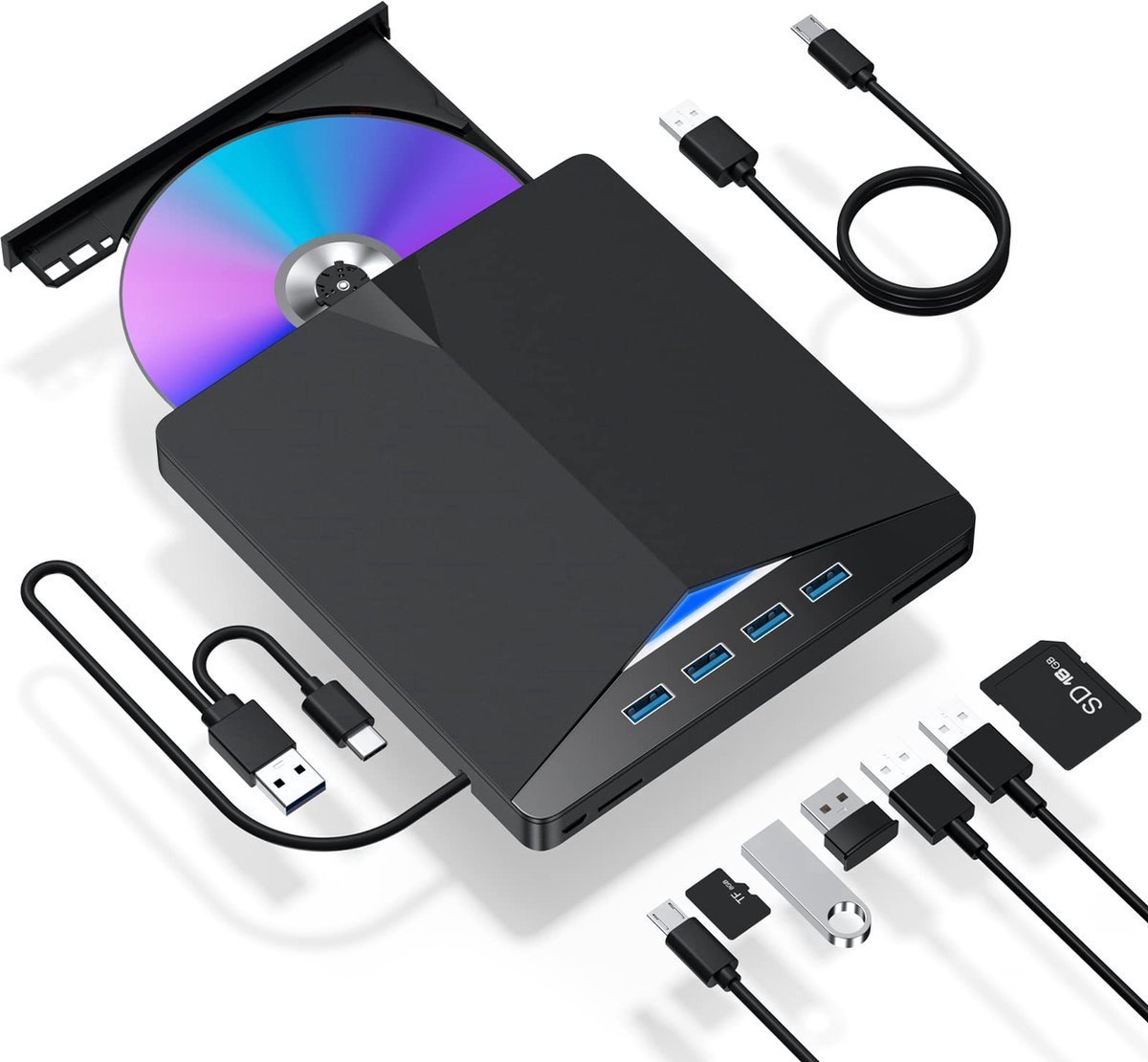 Externe cd dvd speler en brander-USB 3.0-Draagbare 7-in-1 CD-ROM DVD-drive-Geschikt voor laptops, desktops, Windows 11/10/8/7, Linux, Mac OS
