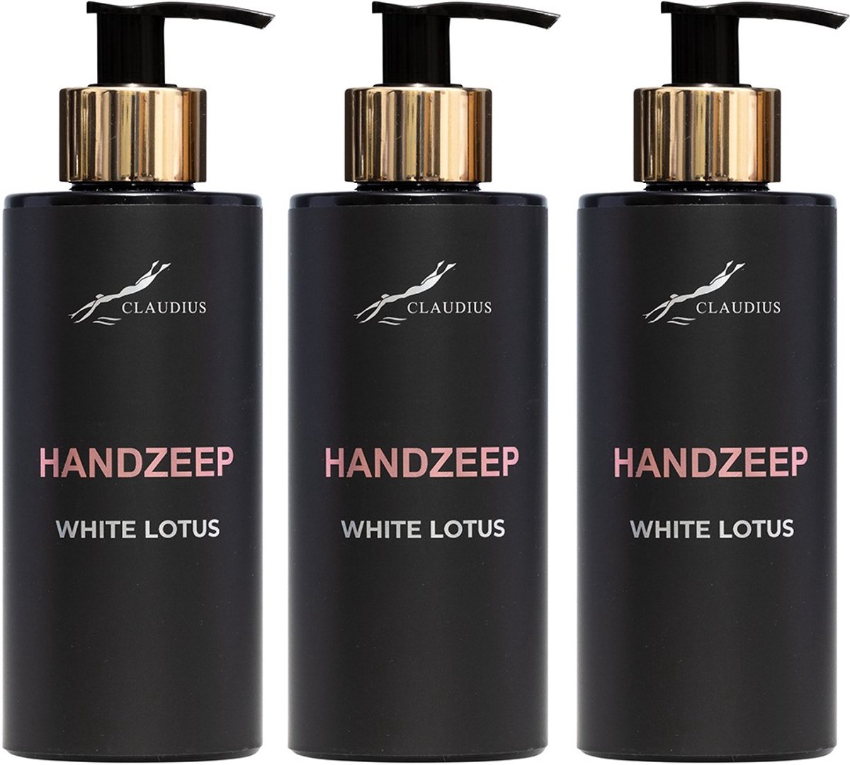 Handzeep White Lotus 300 ml - met gouden pomp - zwarte fles - set van 3 stuks - Voordeelverpakking