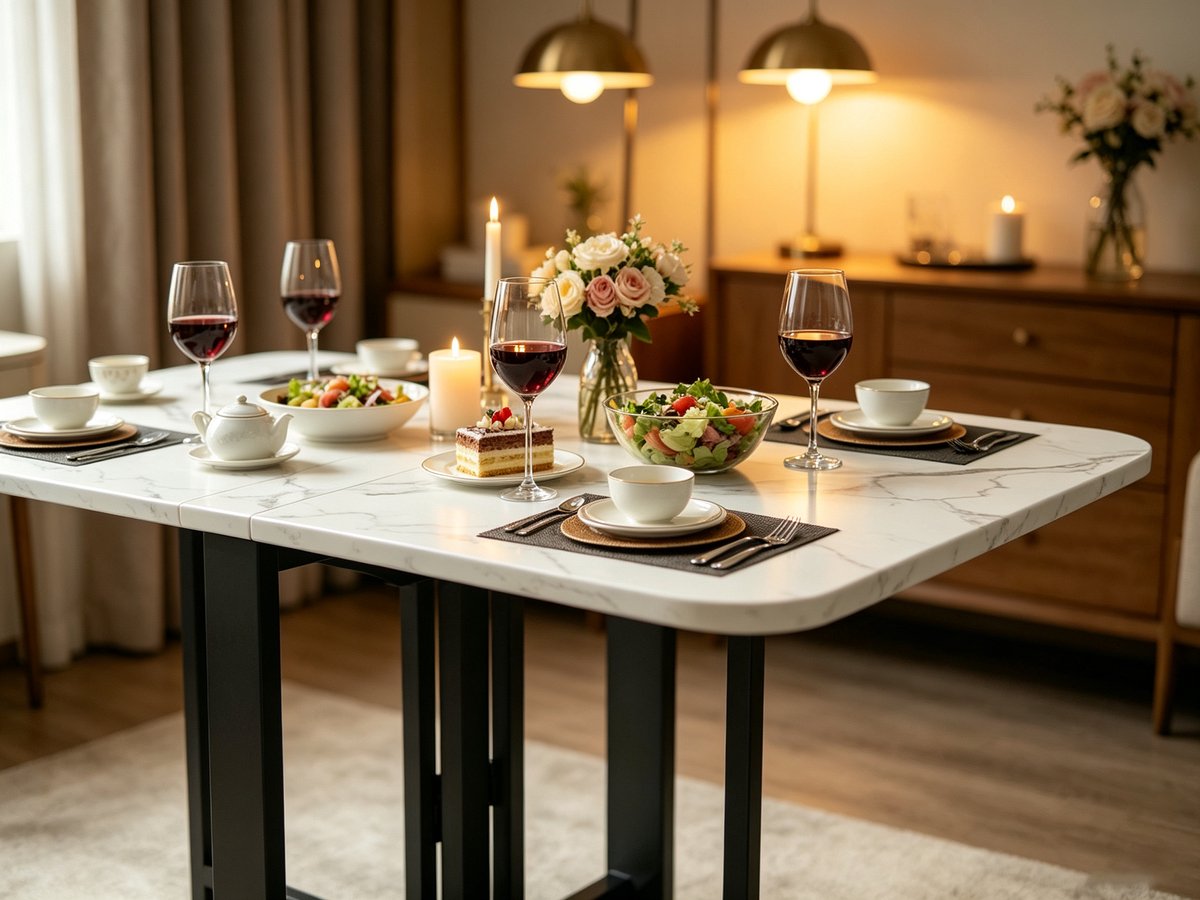 Deze opklapbare eettafel meet 140 x 80 cm heeft een wit tafelblad met marmerlook een zwart metalen frame en een uitschuifbaar blad Hij is ideaal voor gezinsmaaltijden en om van een kopje koffie te genieten