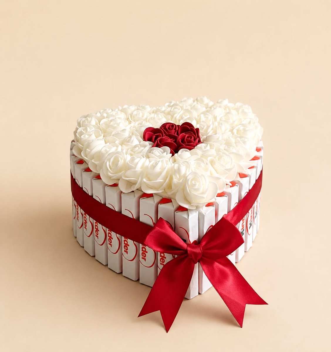 Chocoladecadeau in taartvorm met witte en rode rozen - feestelijk cadeau voor speciale gelegenheden