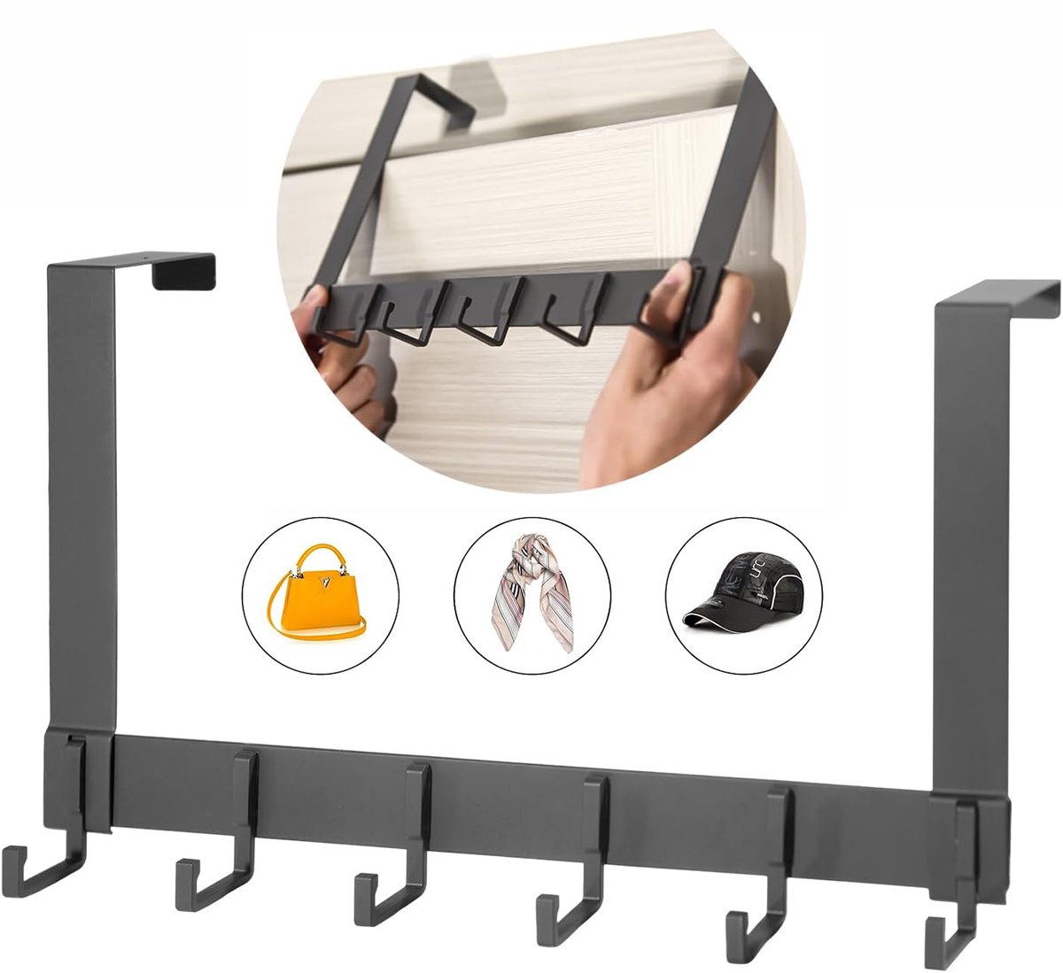 Metalen Ophanghaak Voor over De Deur - Montage Zonder Boren Draagvermogen 20 kg Uitschuifbare Haakarm 18 cm Roestvrij - Ruimtebesparende Opbergoplossing Voor Jassen Handdoeken Tassen En Schoolspullen Voor De Studentenkamer - Zwart