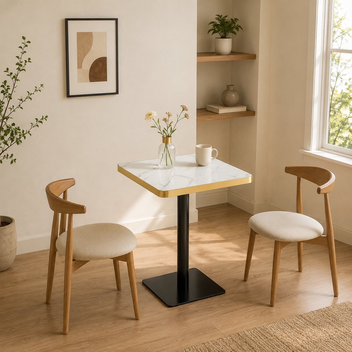 VVBV Vierkante Eettafel 60x60x74 cm - 2-4 Personen, Marmerlook, Metalen Onderstel - Wit