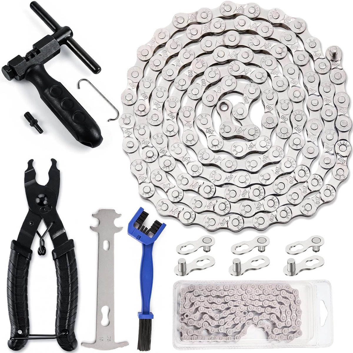 Fiets Ketting Reparatie Set met Gereedschap voor 6/7/8 Versnellingen, Inclusief Kettingpons, Ontbrekende Link Tangen en Ketting Slijtage Meter, 116 Schakels en Schoonmaakborstel