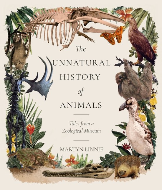 Boekomslag 'The Unnatural History of Animals' met illustraties van dieren en skeletten tussen tropische planten.
