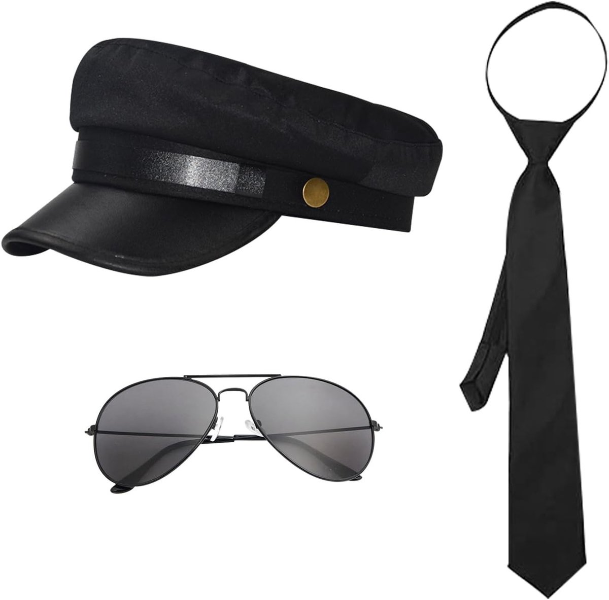 3-delige kostuumaccessoires voor chauffeurs met zwarte hoed, zonnebril en strikje voor themafeesten en verkleedpartijen