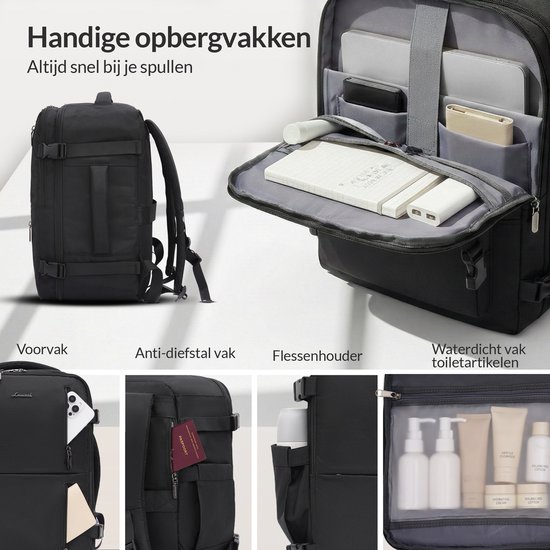 Zwarte rugzak met verschillende vakken, inclusief laptopvak en waterdicht vak voor toiletartikelen.