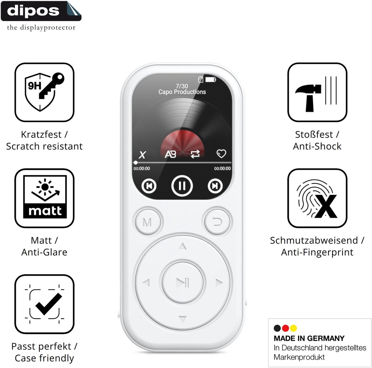 dipos – 2x Matte Pantserfolie geschikt voor RWSRW MP301-BS MP3-Player | 9H Screenprotector