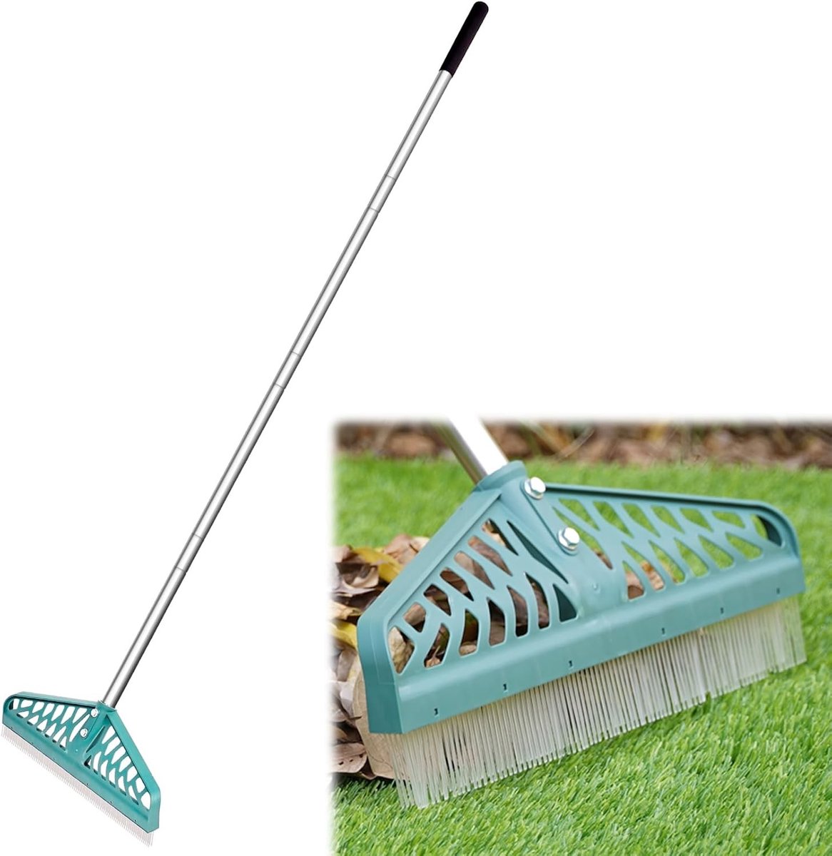 Verstelbare Grasrake met Stalen Handvat van 90 tot 150 cm, Duurzaam voor Kunstgras, Dierenhaar en Bladeren, Ideaal voor Tuinonderhoud
