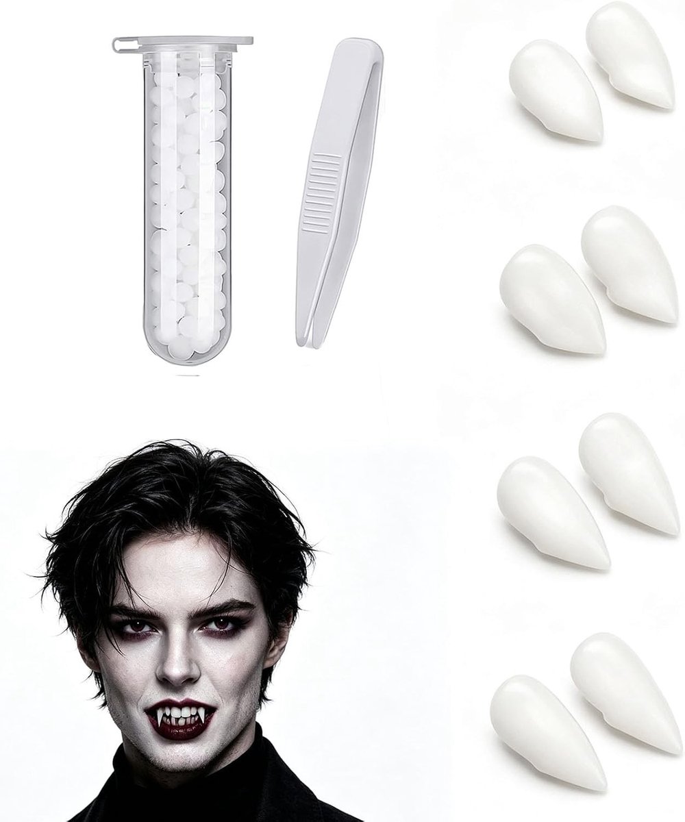 Set van 2 paar vampiertanden voor Halloween en cosplay, inclusief lijm en 2 maten