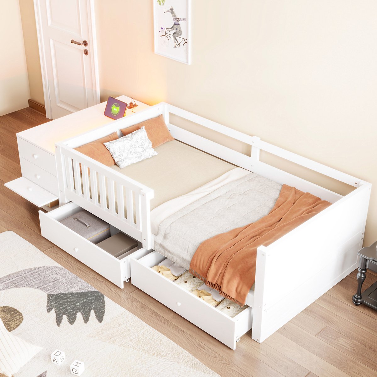 COVREO Hoogslaper met opbergruimte en LED – 90x200 cm – Kinderbed met werkplek en lades – voor kinderkamer – Wit - zonder matras