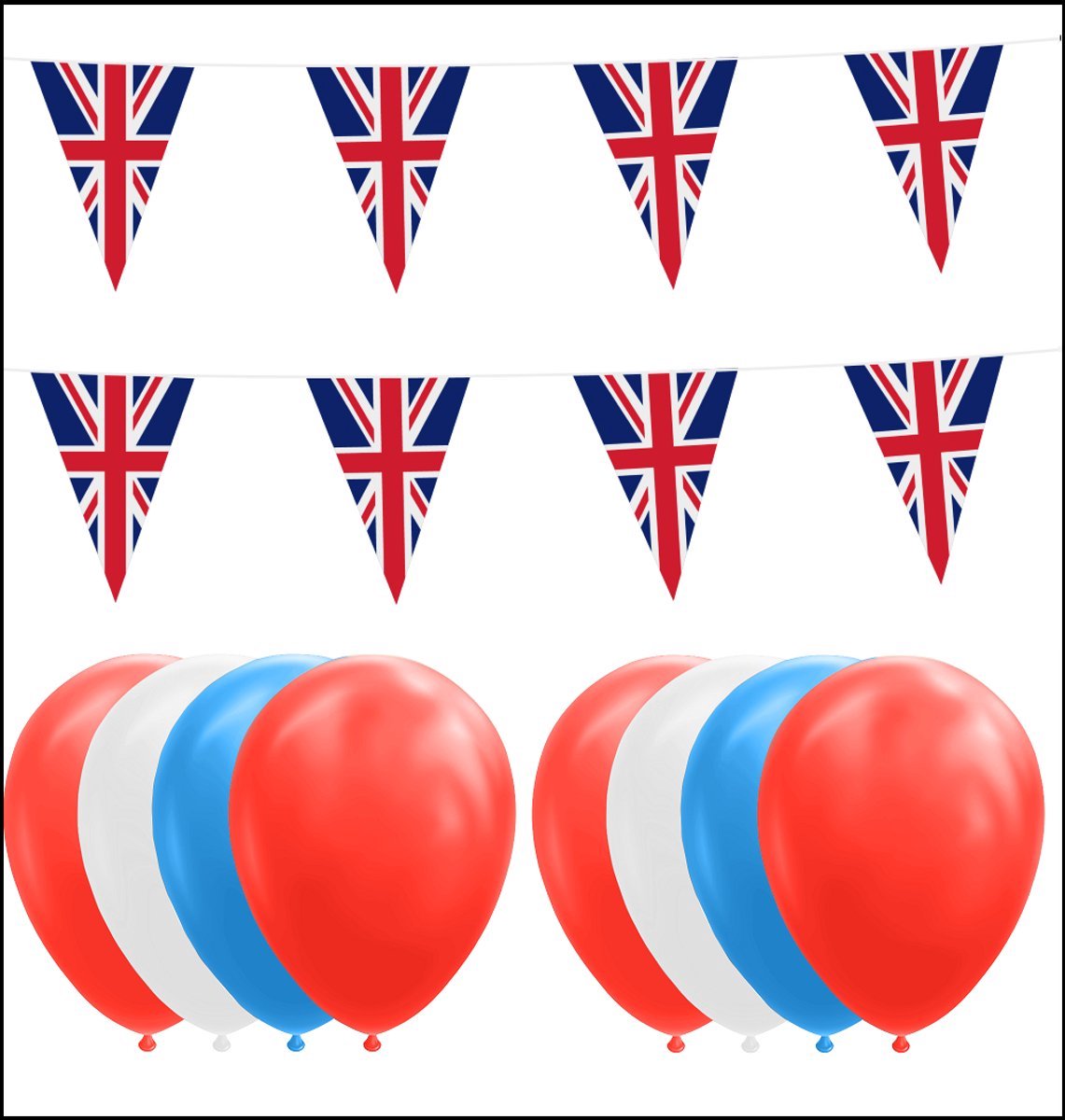 Groot-Brittannie feestpakket- 2x Vlaggenlijn 10 meter + 20 ballonnen rood/wit/blauw - Versiering Slinger Feestdecoratie Decoratie