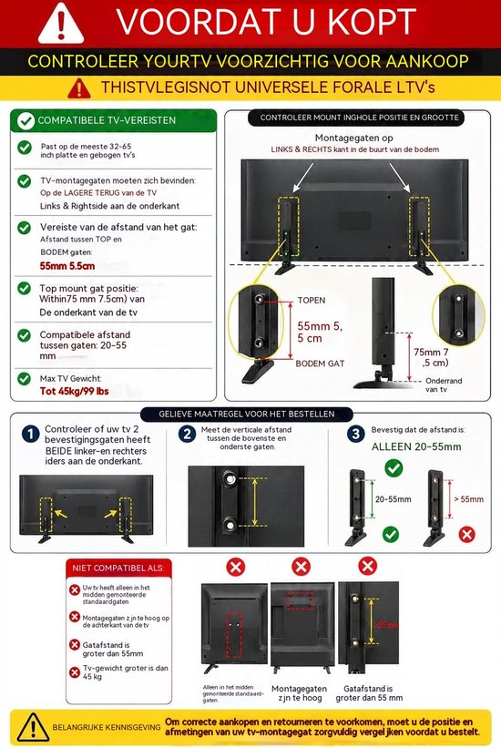 Instructieblad voor het controleren van de compatibiliteit van TV-montagebeugels en montageafmetingen.