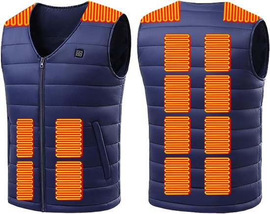 Blauw gewatteerd vest met zichtbare oranje en gele verwarmingszones op de borst, rug en schouders.