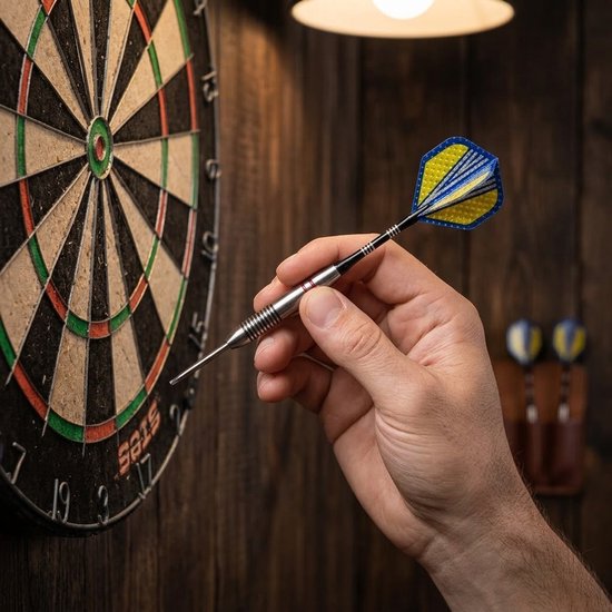Geel blauw zilverkleurig dartpijlen set 3 stuks 24g dartpijlen heren dames metalen punt roestvrij staal darts met geribbelde grip en geel blauwe flights — afbeelding 2